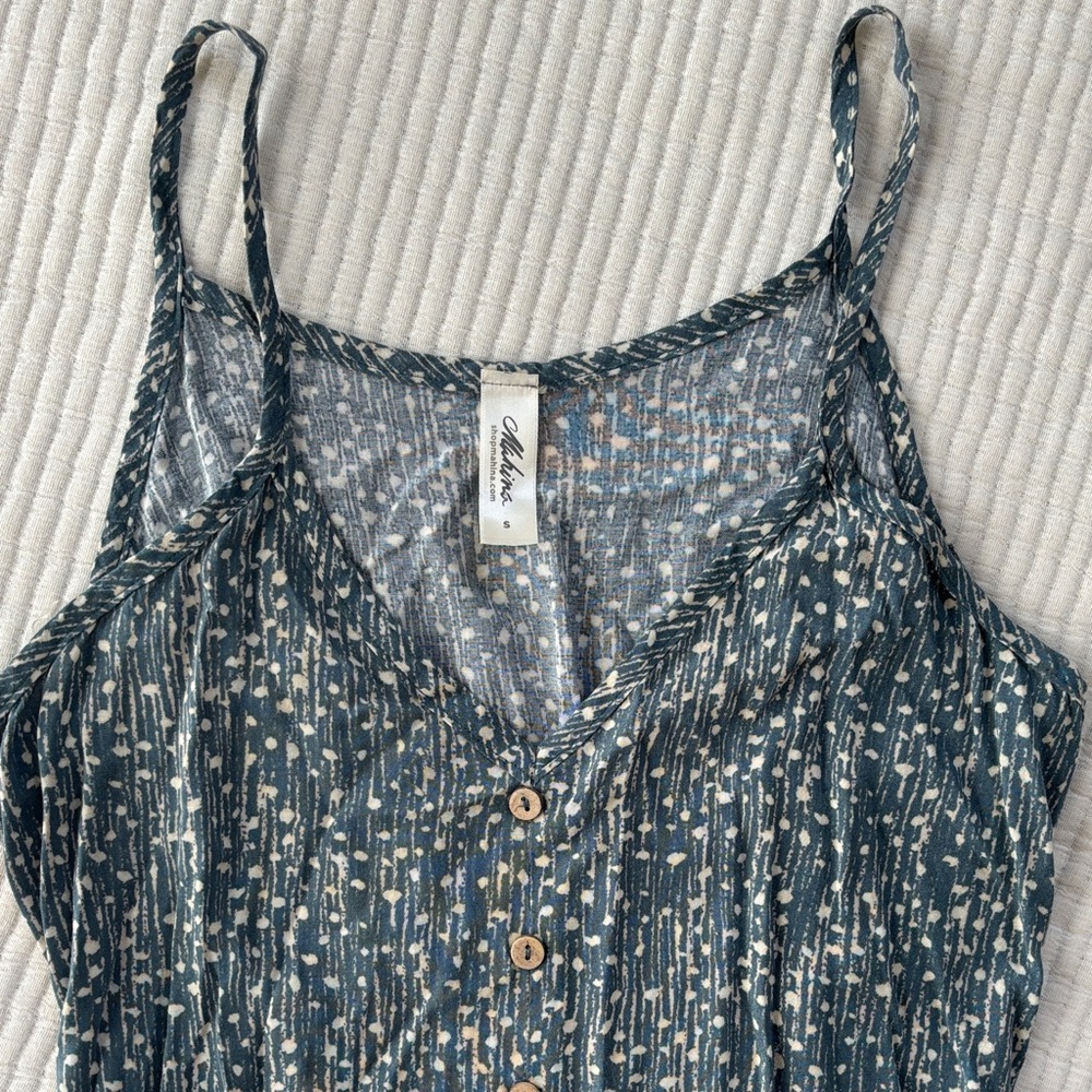 Mahina Women’s Summer Dress Dark Sage and Cream Spots, Slit in Front - Picture 2 of 8